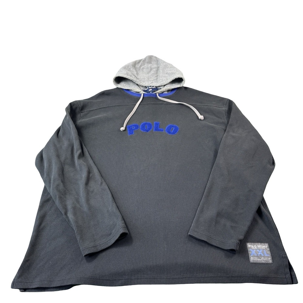 Polo Ralph Lauren Sport Gray Blue Tipped Cotton L/S Hoodie Spellout VTG 2XL